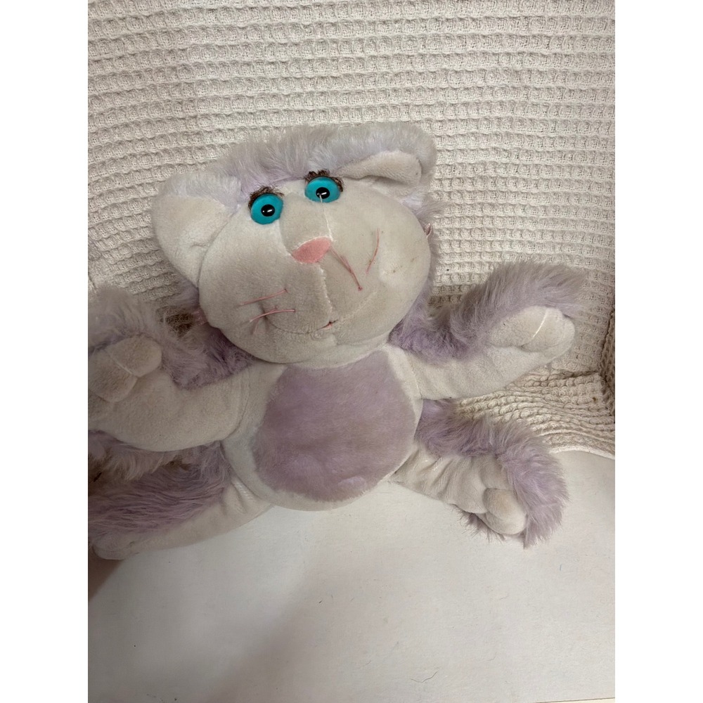 Vintage 1987 Fisher Price Puff-Tenders Cat Plush Lavender White 8404